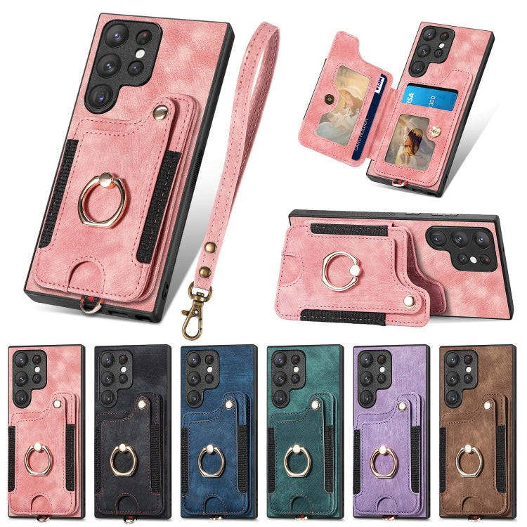 Retro Skin-feel Ring Multi-card Wallet Phone Case, For Samsung Galaxy S22 Ultra 5G