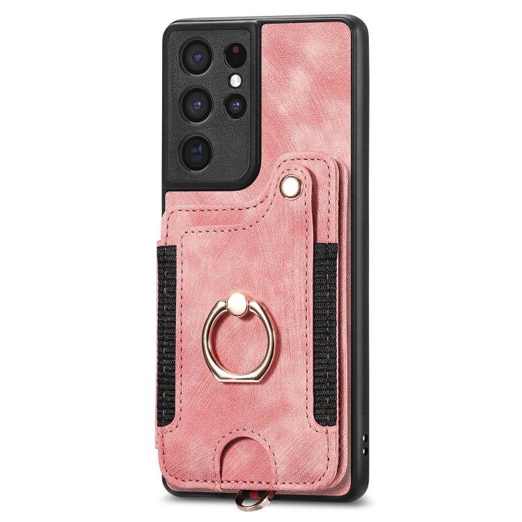 Retro Skin-feel Ring Multi-card Wallet Phone Case, For Samsung Galaxy S21 Ultra 5G