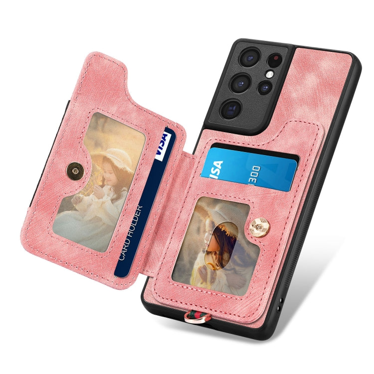 Retro Skin-feel Ring Multi-card Wallet Phone Case, For Samsung Galaxy S21 Ultra 5G