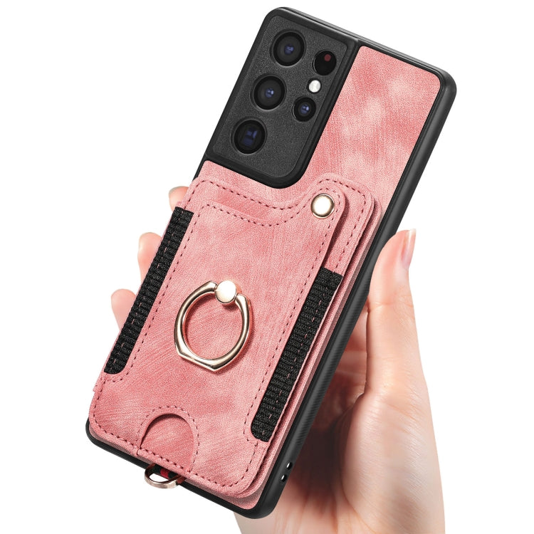 Retro Skin-feel Ring Multi-card Wallet Phone Case, For Samsung Galaxy S21 Ultra 5G