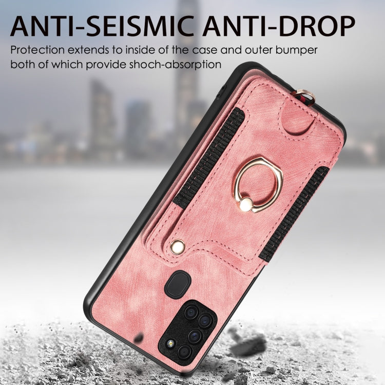 Retro Skin-feel Ring Multi-card Wallet Phone Case, For Samsung Galaxy A21s