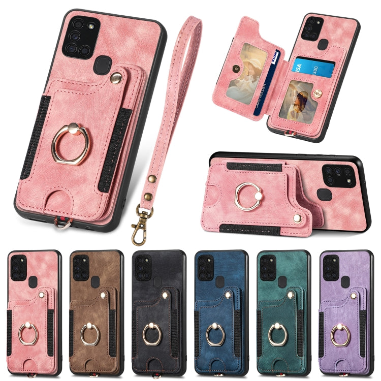 Retro Skin-feel Ring Multi-card Wallet Phone Case, For Samsung Galaxy A21s