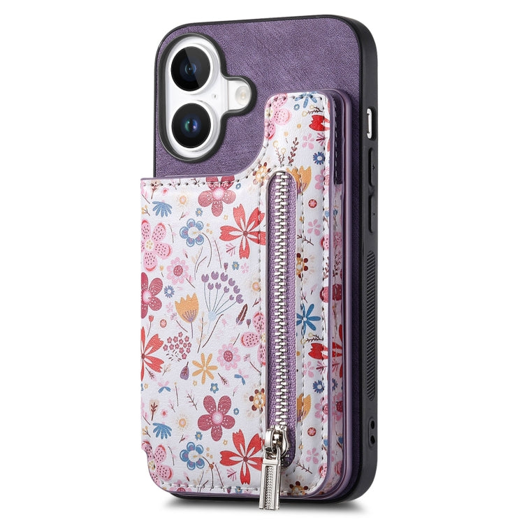 Retro Painted Zipper Wallet Back Phone Case, For iPhone 16 Plus