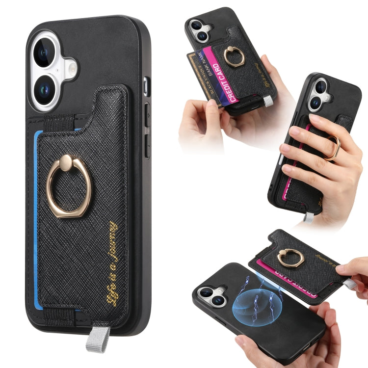 Retro Magsafe Cross Leather Ring Holder Card Bag Phone Case, Compatible with iPhone 16