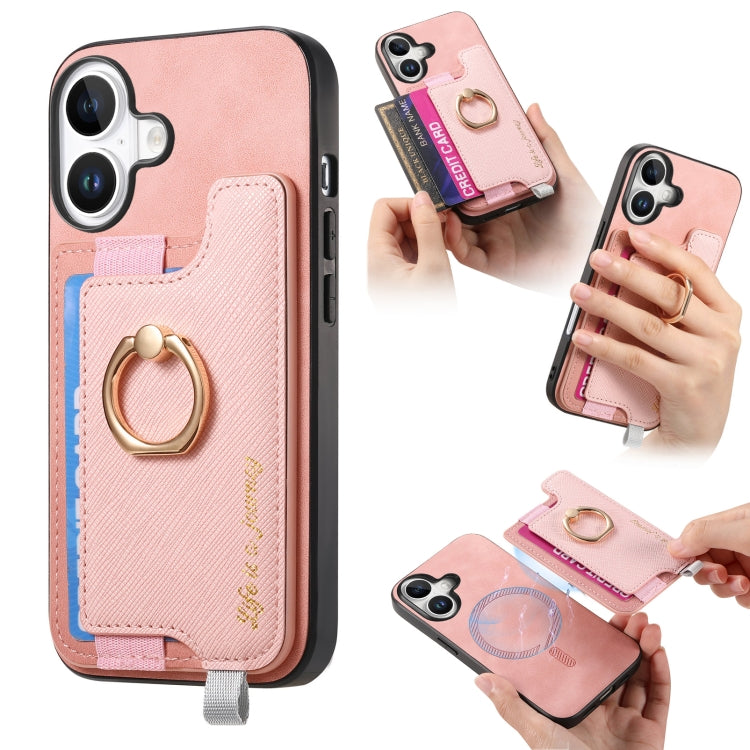 Retro Magsafe Cross Leather Ring Holder Card Bag Phone Case, Compatible with iPhone 16 Plus