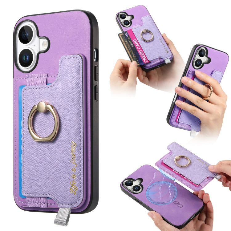 Retro Magsafe Cross Leather Ring Holder Card Bag Phone Case, Compatible with iPhone 16 Plus