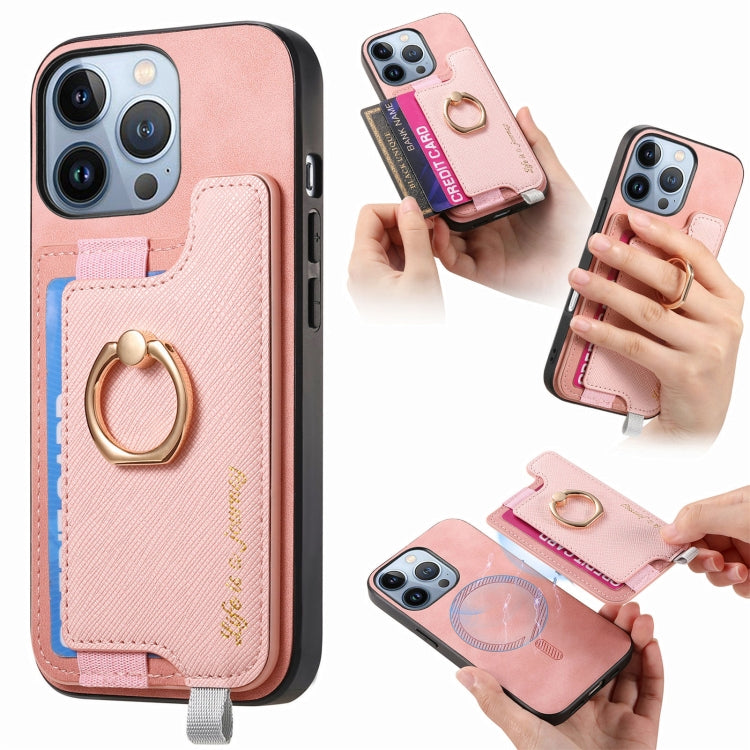 Retro Magsafe Cross Leather Ring Holder Card Bag Phone Case, Compatible with iPhone 16 Pro