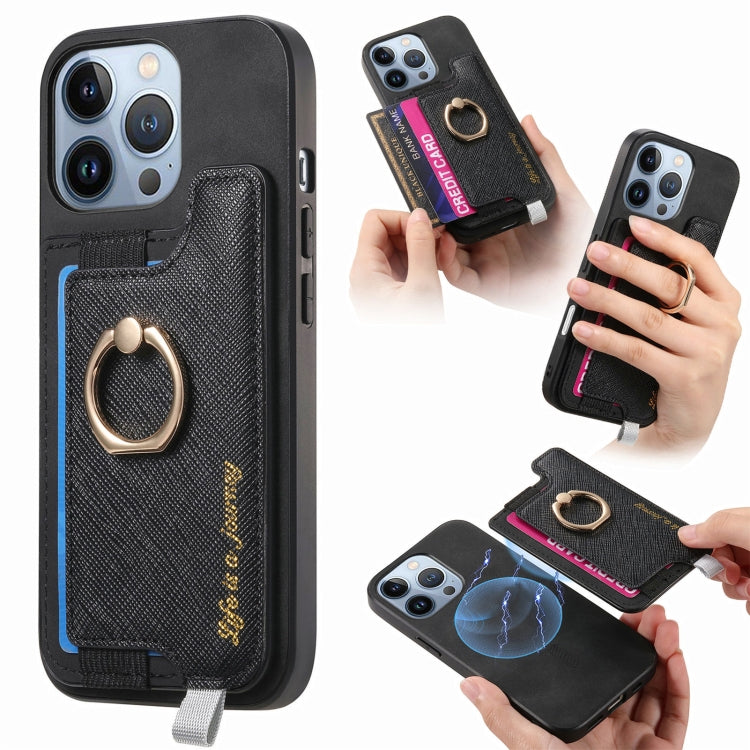 Retro Magsafe Cross Leather Ring Holder Card Bag Phone Case, Compatible with iPhone 16 Pro