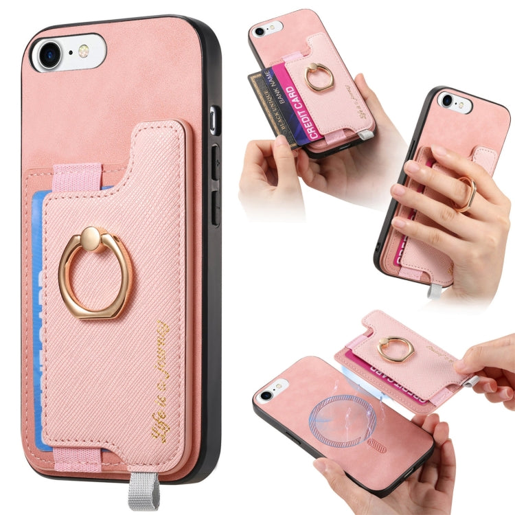 Retro Magsafe Cross Leather Ring Holder Card Bag Phone Case, Compatible with iPhone 7 / 8 / SE 2022