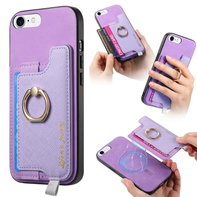 Retro Magsafe Cross Leather Ring Holder Card Bag Phone Case, Compatible with iPhone 7 / 8 / SE 2022