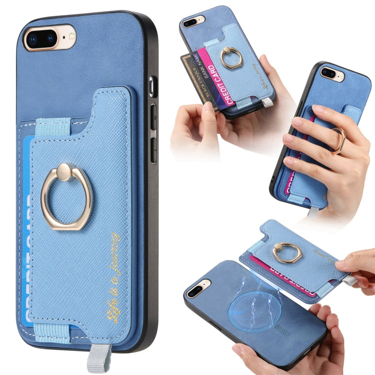 Retro Magsafe Cross Leather Ring Holder Card Bag Phone Case, Compatible with iPhone 7 Plus / 8 Plus