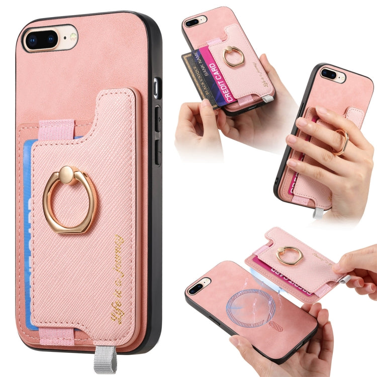 Retro Magsafe Cross Leather Ring Holder Card Bag Phone Case, Compatible with iPhone 7 Plus / 8 Plus