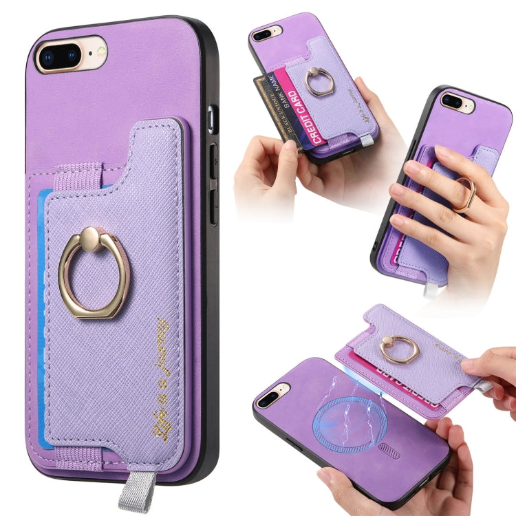 Retro Magsafe Cross Leather Ring Holder Card Bag Phone Case, Compatible with iPhone 7 Plus / 8 Plus