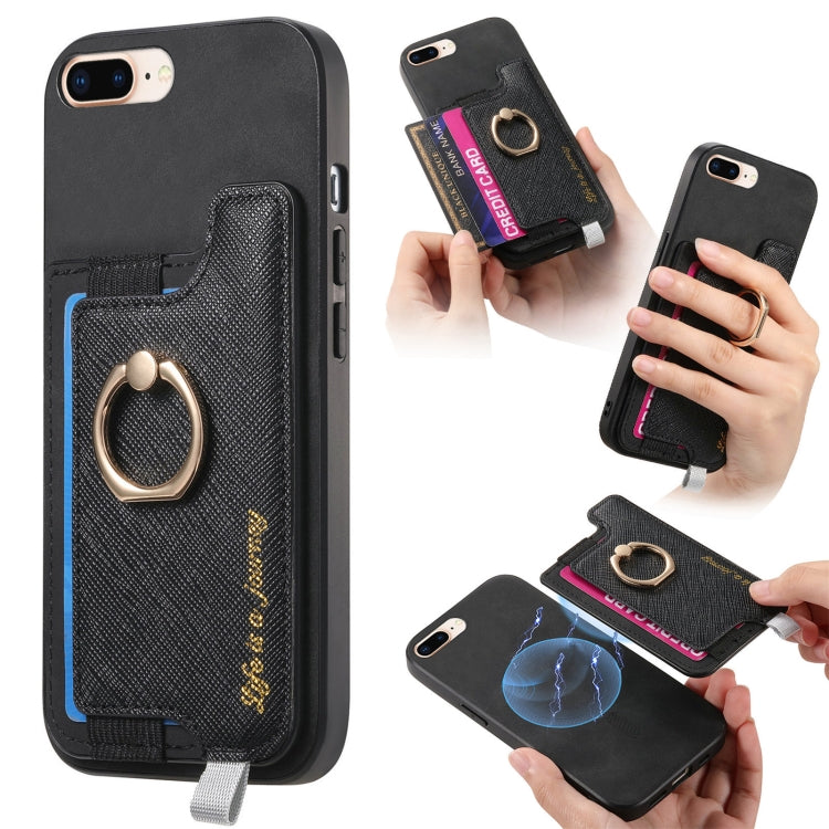 Retro Magsafe Cross Leather Ring Holder Card Bag Phone Case, Compatible with iPhone 7 Plus / 8 Plus
