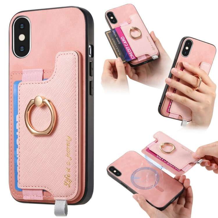 Retro Magsafe Cross Leather Ring Holder Card Bag Phone Case, Compatible with iPhone X / XS