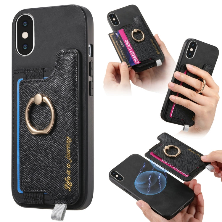 Retro Magsafe Cross Leather Ring Holder Card Bag Phone Case, Compatible with iPhone X / XS