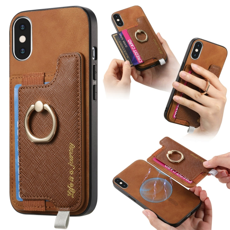 Retro Magsafe Cross Leather Ring Holder Card Bag Phone Case, Compatible with iPhone XS Max