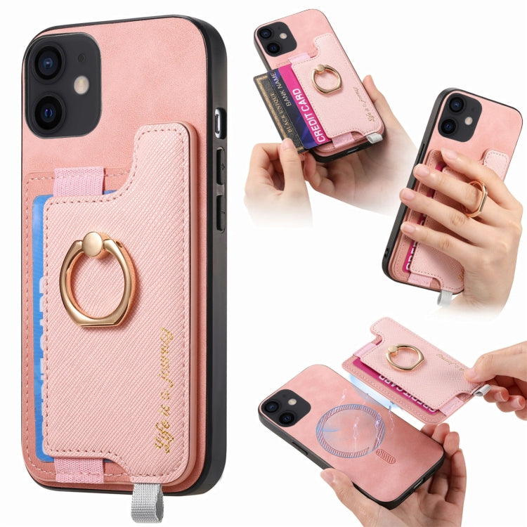Retro Magsafe Cross Leather Ring Holder Card Bag Phone Case, Compatible with iPhone 12 / 12 Pro