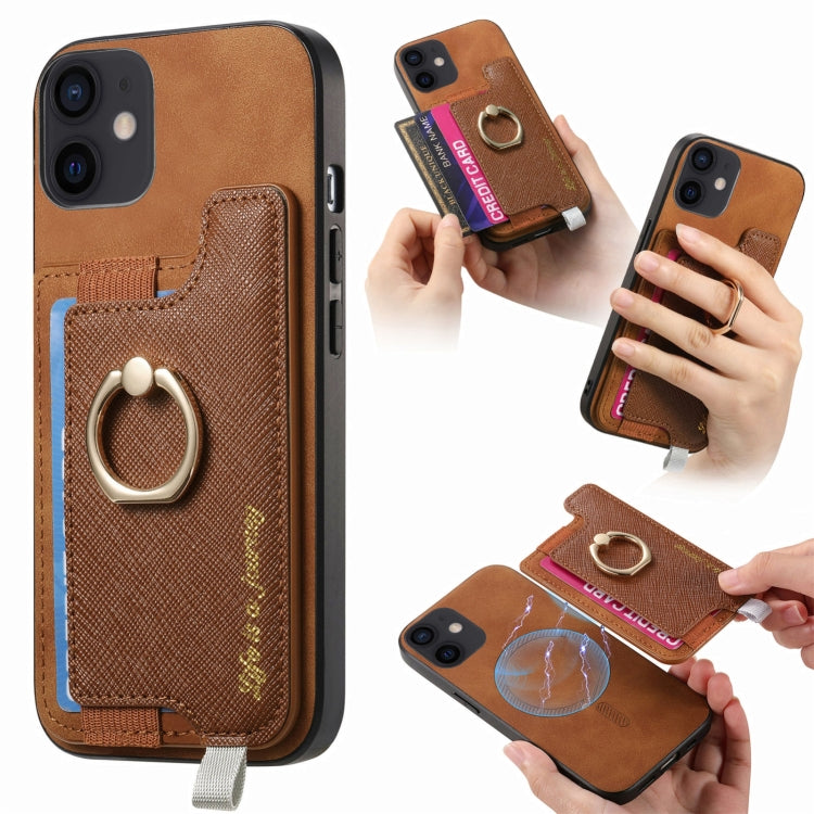 Retro Magsafe Cross Leather Ring Holder Card Bag Phone Case, Compatible with iPhone 12 / 12 Pro