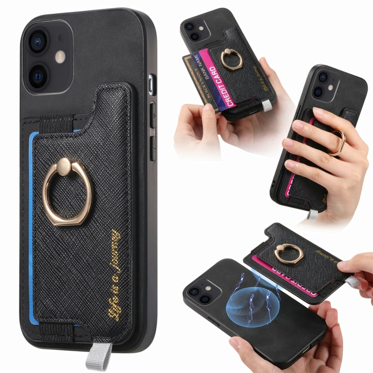 Retro Magsafe Cross Leather Ring Holder Card Bag Phone Case, Compatible with iPhone 12 / 12 Pro