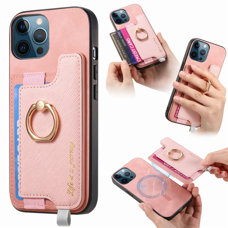 Retro Magsafe Cross Leather Ring Holder Card Bag Phone Case, Compatible with iPhone 12 Pro Max