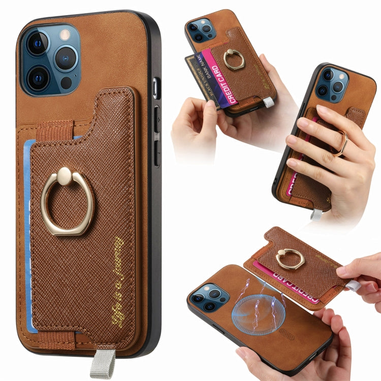 Retro Magsafe Cross Leather Ring Holder Card Bag Phone Case, Compatible with iPhone 12 Pro Max