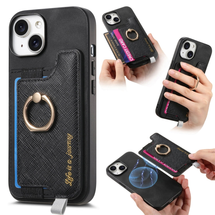 Retro Magsafe Cross Leather Ring Holder Card Bag Phone Case, Compatible with iPhone 15