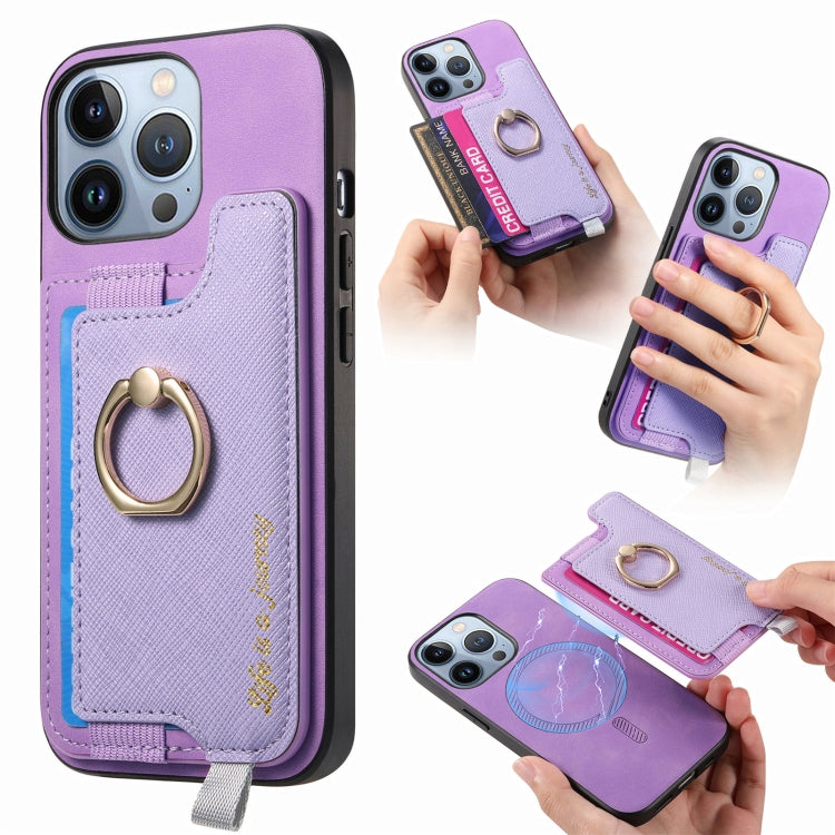 Retro Magsafe Cross Leather Ring Holder Card Bag Phone Case, Compatible with iPhone 15 Pro