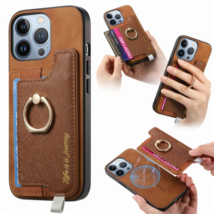 Retro Magsafe Cross Leather Ring Holder Card Bag Phone Case, Compatible with iPhone 15 Pro