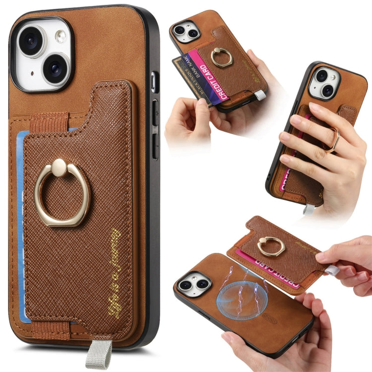 Retro Magsafe Cross Leather Ring Holder Card Bag Phone Case, Compatible with iPhone 15 Plus