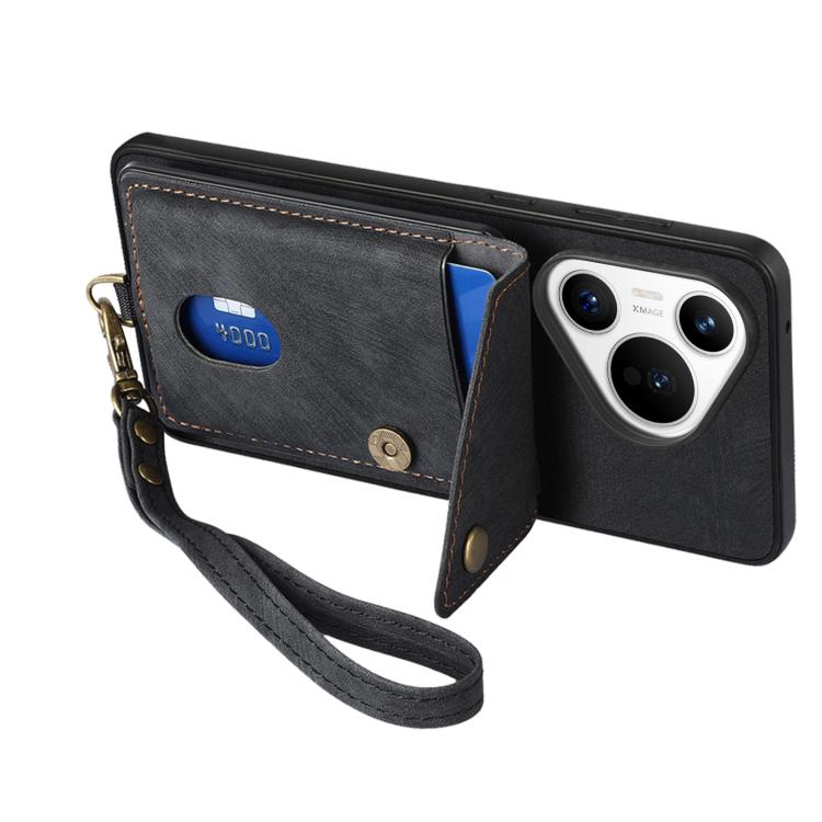 Retro Card Wallet Fold Leather Phone Case with Strap, Compatible with Huawei Pura 70