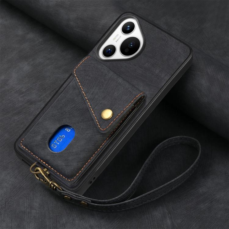 Retro Card Wallet Fold Leather Phone Case with Strap, Compatible with Huawei Pura 70