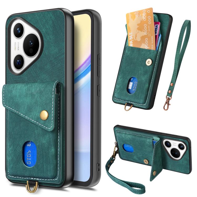 Retro Card Wallet Fold Leather Phone Case with Strap, Compatible with Huawei Pura 70