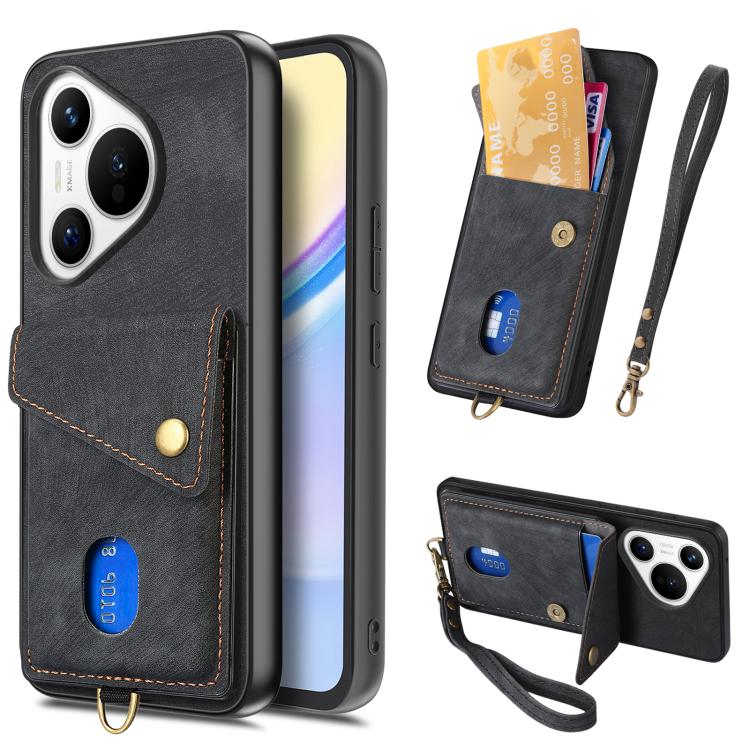 Retro Card Wallet Fold Leather Phone Case with Strap, Compatible with Huawei Pura 70 Pro / 70 Pro+