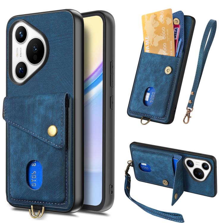 Retro Card Wallet Fold Leather Phone Case with Strap, Compatible with Huawei Pura 70 Pro / 70 Pro+