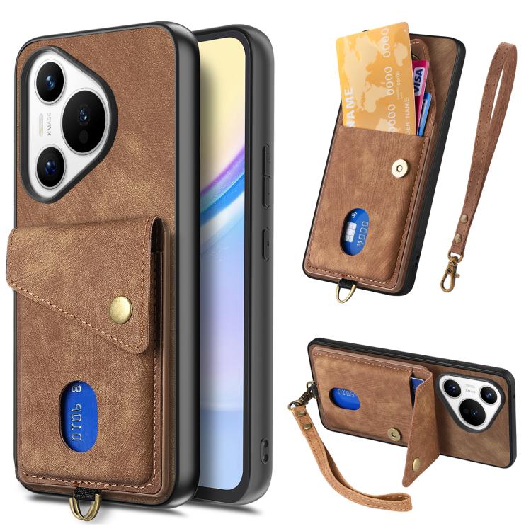 Retro Card Wallet Fold Leather Phone Case with Strap, Compatible with Huawei Pura 70 Pro / 70 Pro+
