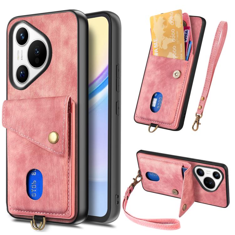 Retro Card Wallet Fold Leather Phone Case with Strap, Compatible with Huawei Pura 70 Pro / 70 Pro+
