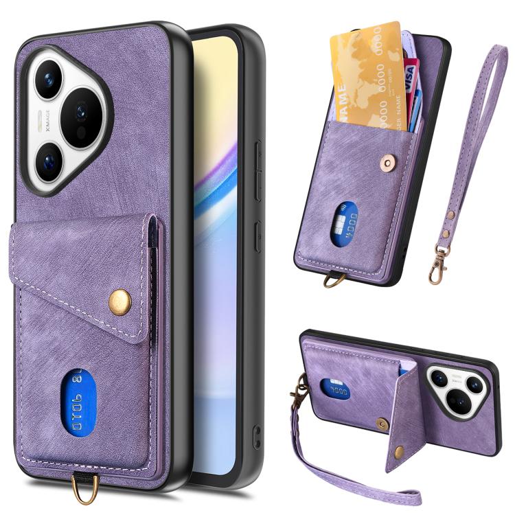 Retro Card Wallet Fold Leather Phone Case with Strap, Compatible with Huawei Pura 70 Pro / 70 Pro+