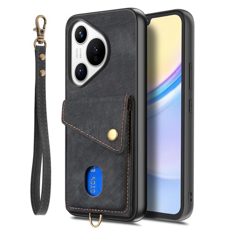 Retro Card Wallet Fold Leather Phone Case with Strap, Compatible with Huawei Pura 70 Ultra
