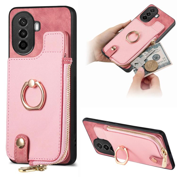 Cross Leather Ring Vertical Zipper Wallet Back Phone Case