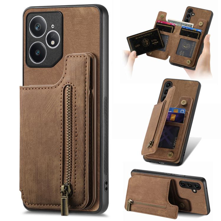 Retro Leather Zipper Wallet Back Phone Case, Compatible with Realme Neo7