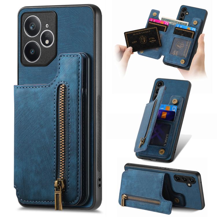 Retro Leather Zipper Wallet Back Phone Case, Compatible with Realme Neo7