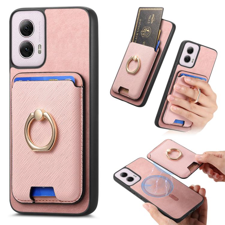 Retro Cross Leather Ring Vertical Insert Card Bag MagSafe Phone Case, Compatible with Motorola Moto G35