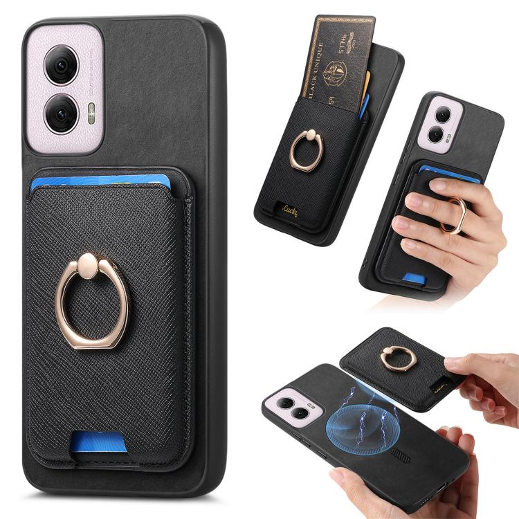 Retro Cross Leather Ring Vertical Insert Card Bag MagSafe Phone Case, Compatible with Motorola Moto G35