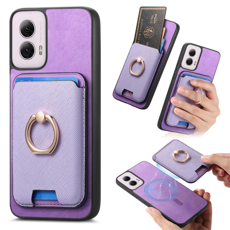 Retro Cross Leather Ring Vertical Insert Card Bag MagSafe Phone Case, Compatible with Motorola Moto G 5G 2024