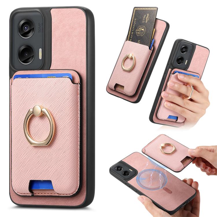 Retro Cross Leather Ring Vertical Insert Card Bag MagSafe Phone Case, Compatible with Motorola Moto G Stylus 5G 2024