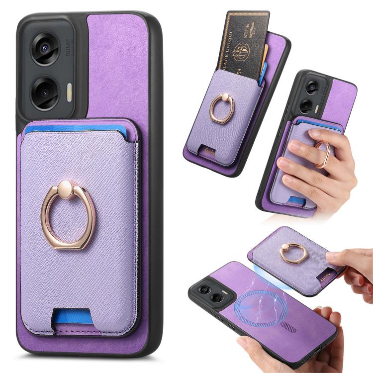 Retro Cross Leather Ring Vertical Insert Card Bag MagSafe Phone Case, Compatible with Motorola Moto G Stylus 5G 2024