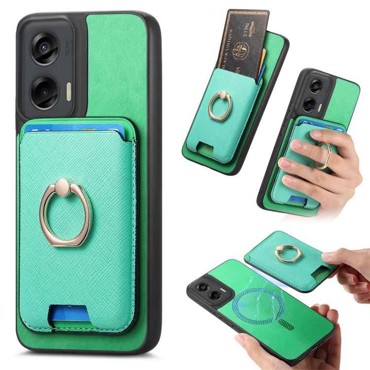 Retro Cross Leather Ring Vertical Insert Card Bag MagSafe Phone Case, Compatible with Motorola Moto G Stylus 5G 2024