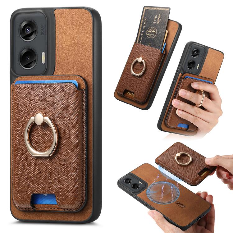 Retro Cross Leather Ring Vertical Insert Card Bag MagSafe Phone Case, Compatible with Motorola Moto G Stylus 5G 2024