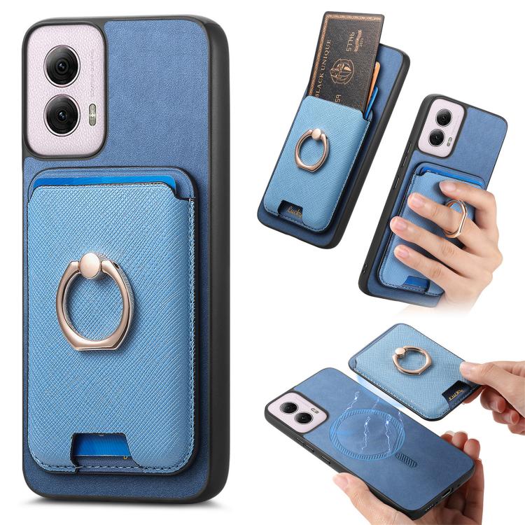 Retro Cross Leather Ring Vertical Insert Card Bag MagSafe Phone Case, Compatible with Motorola Moto G Play 4G 2024